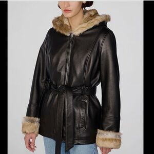 Wilsons Leather Black Faux Fur-Trim Hooded Leather Jacket